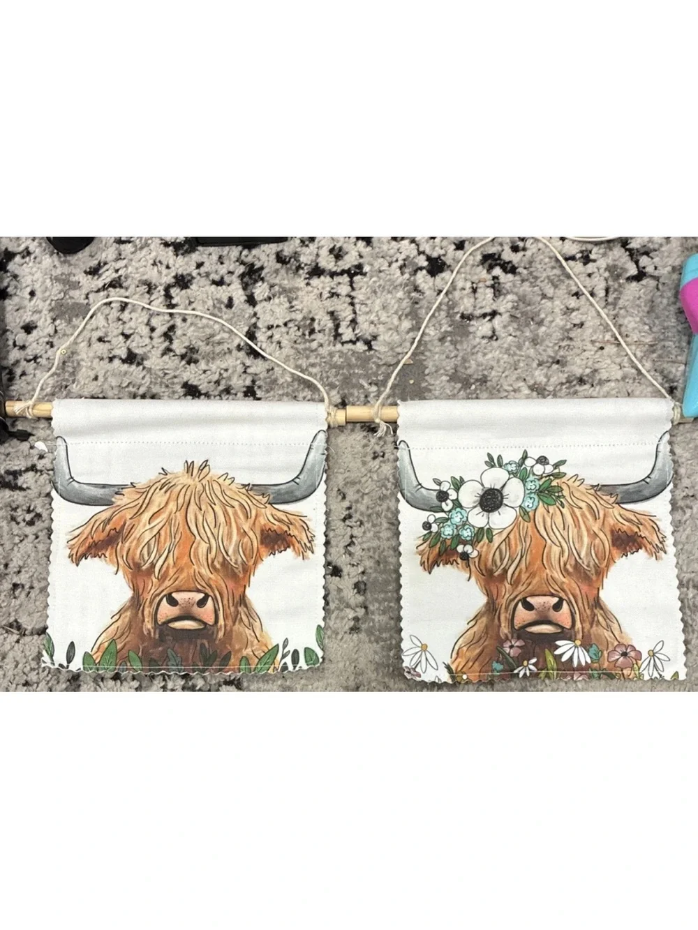 Highland Cow Canvas Wall Banners - Set of 2, Tan & White Accents